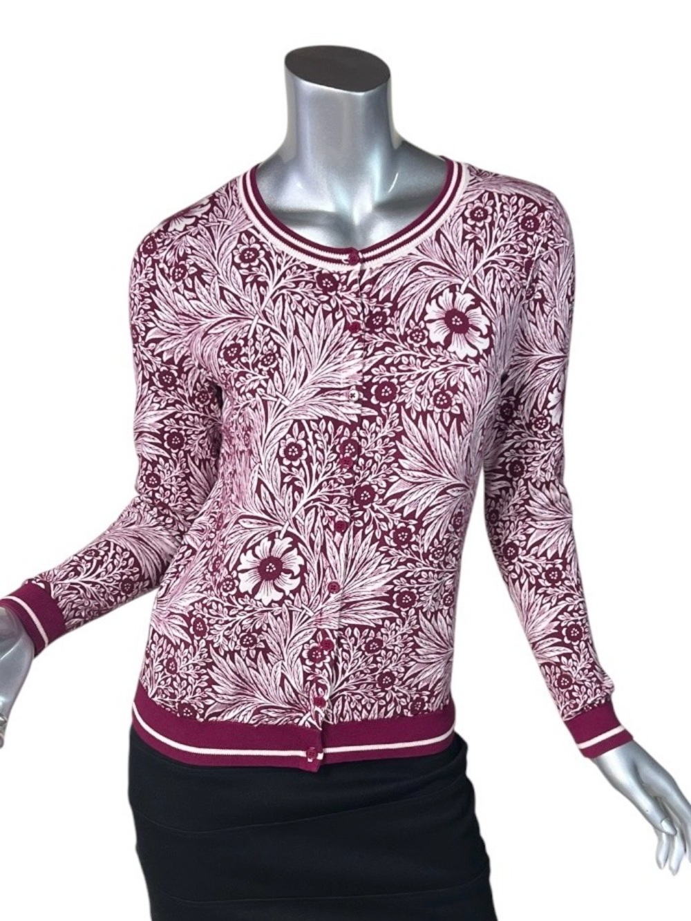 Talbots Lightweight Charming Button Crew Cardigan Leafy Vines Berry Red SMALL